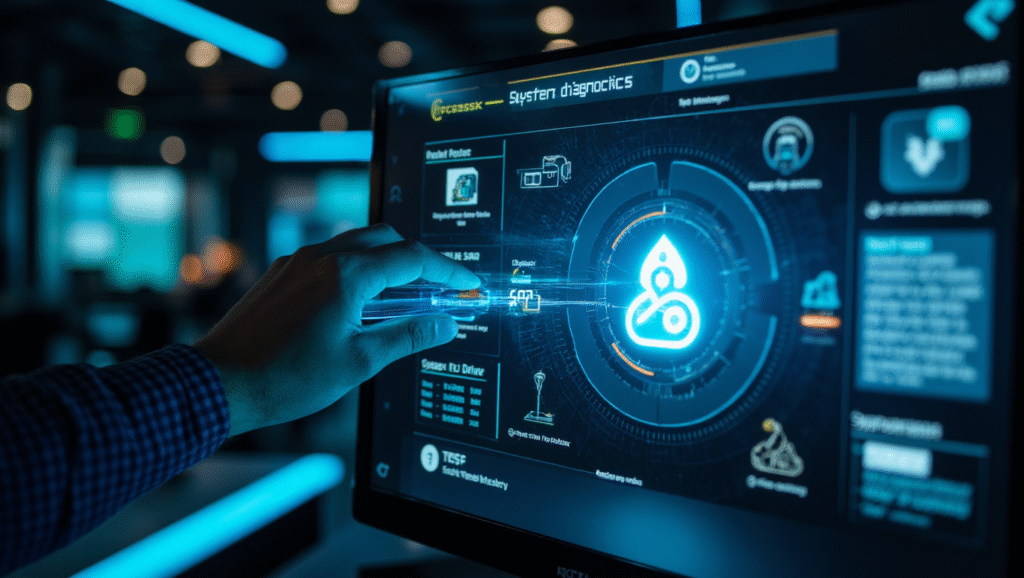 Advanced system recovery interface showing fixes for Codes Error Rcsdassk with futuristic digital design.