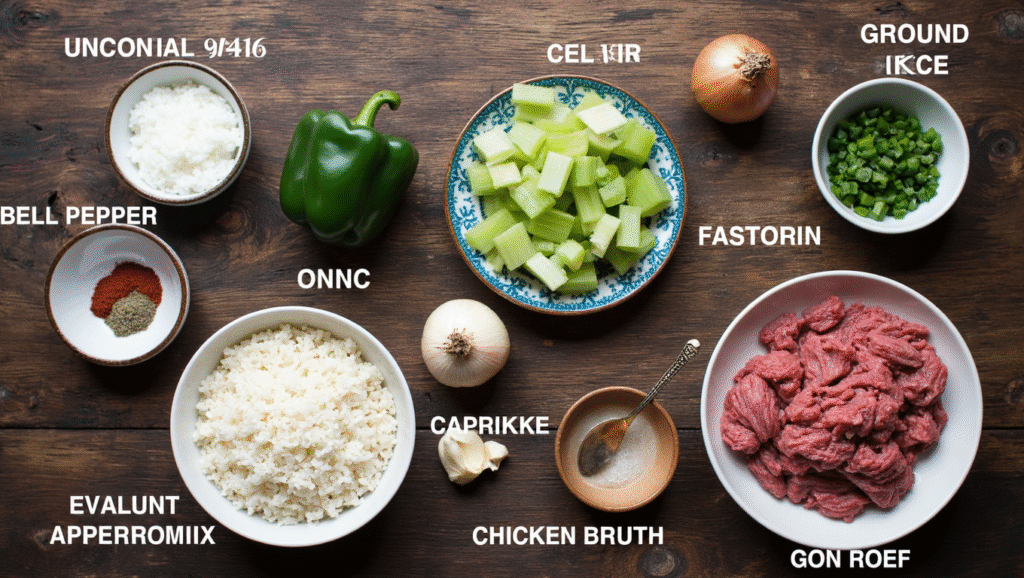 Cajun rice dressing ingredients including rice, meat, vegetables, and Cajun spices