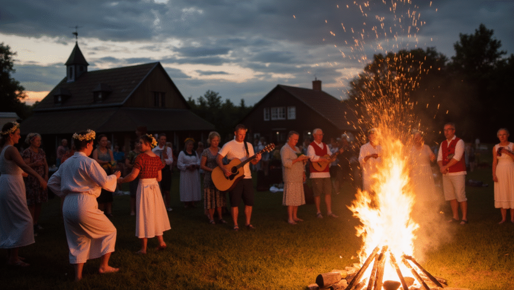 Community celebrating Sodziu festival with music, dancing, and traditional Lithuanian customs.