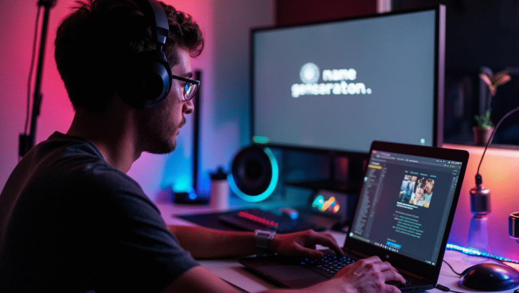 Gamer using GadgetFreeks.com name generator tool and engaging with online tech community.