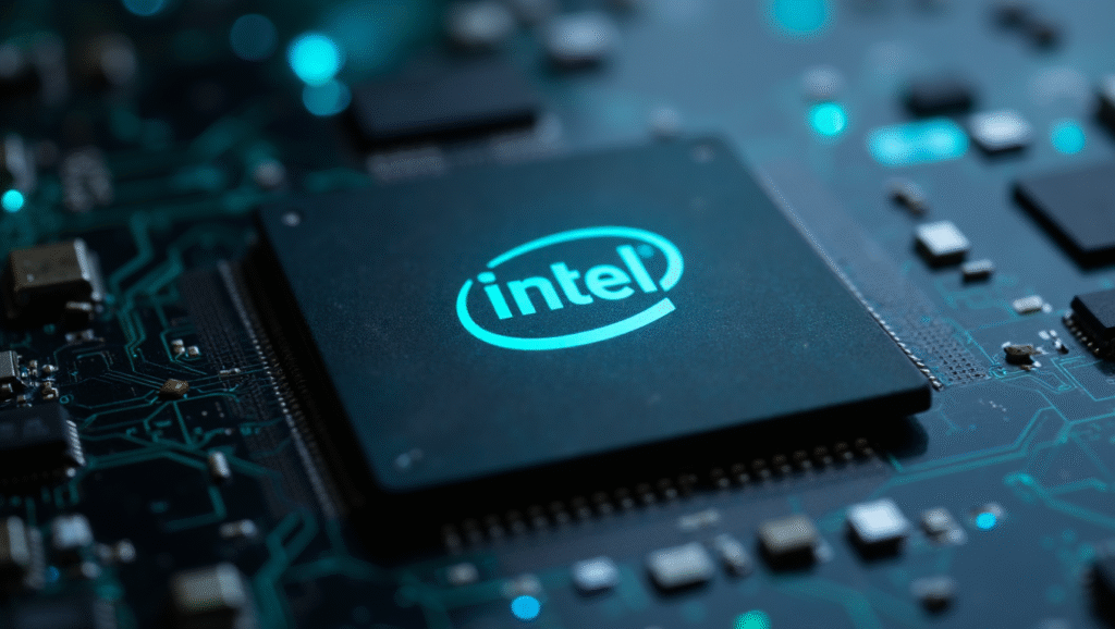 Intel Crescent Island AI Chip with glowing Intel logo and digital grid background, symbolizing power efficiency and Xe3P architecture innovation.