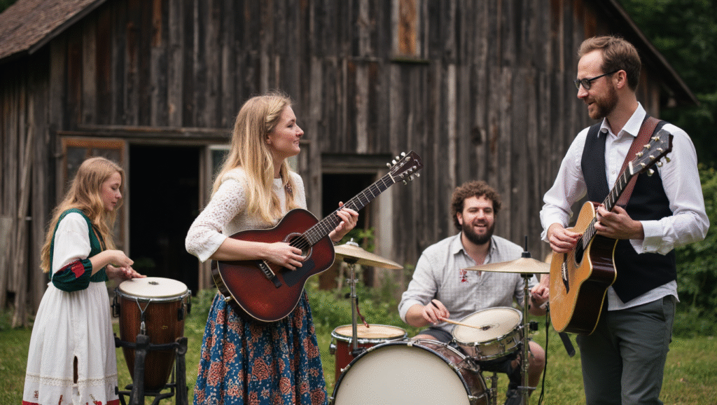 Lithuanian youth blending modern art and traditional music inspired by Sodziu culture.