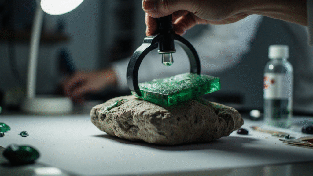 jadeitovy-kamen-gemologist-examining-green-jade