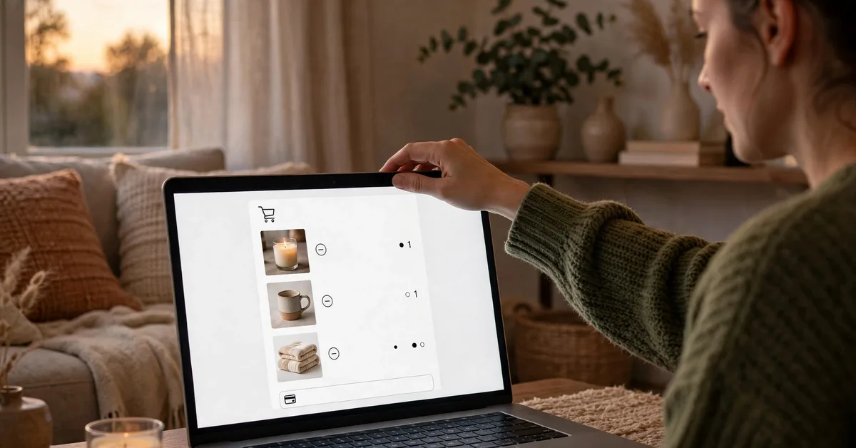 Person closing a laptop with an online shopping cart, applying the 24 hour rule money waiting trick
