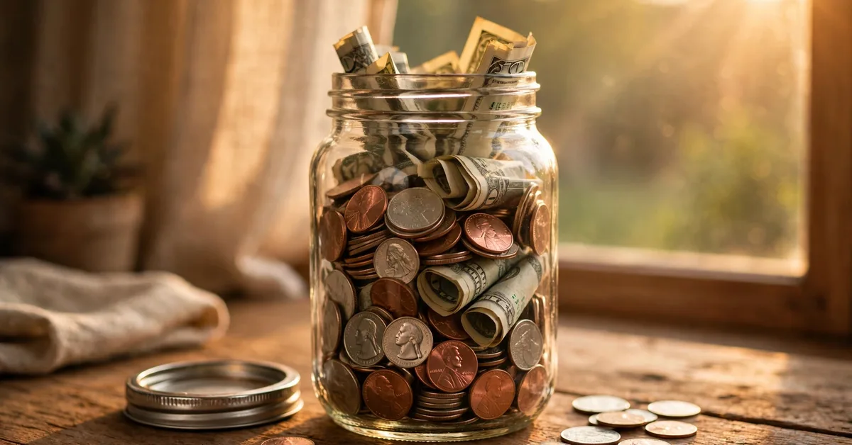 Glass savings jar filling with coins, money saved with the 24 hour rule for money