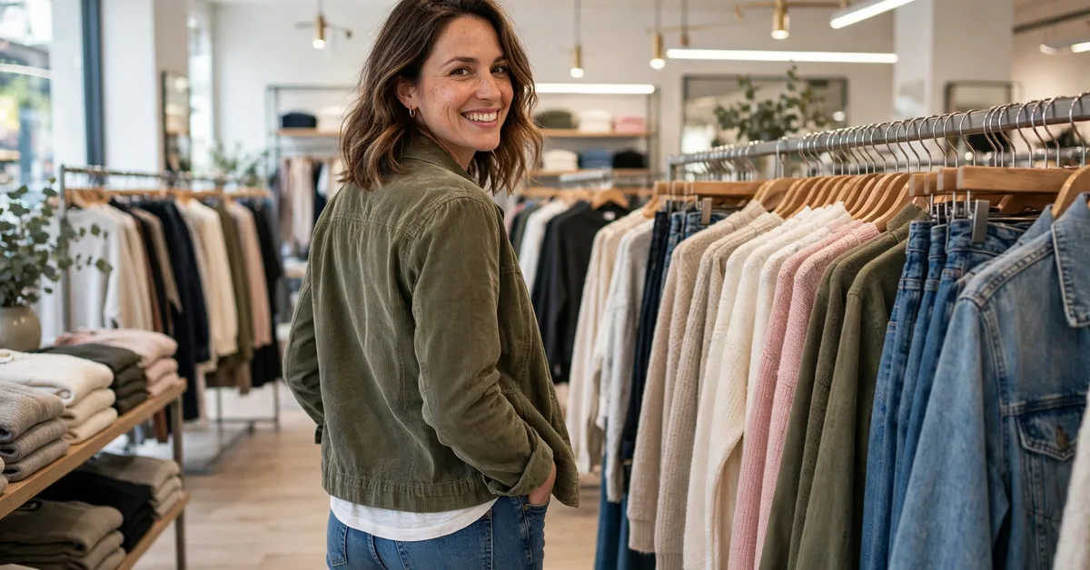 Happy woman walking away from a sale rack, successfully using the 24 hour rule for money