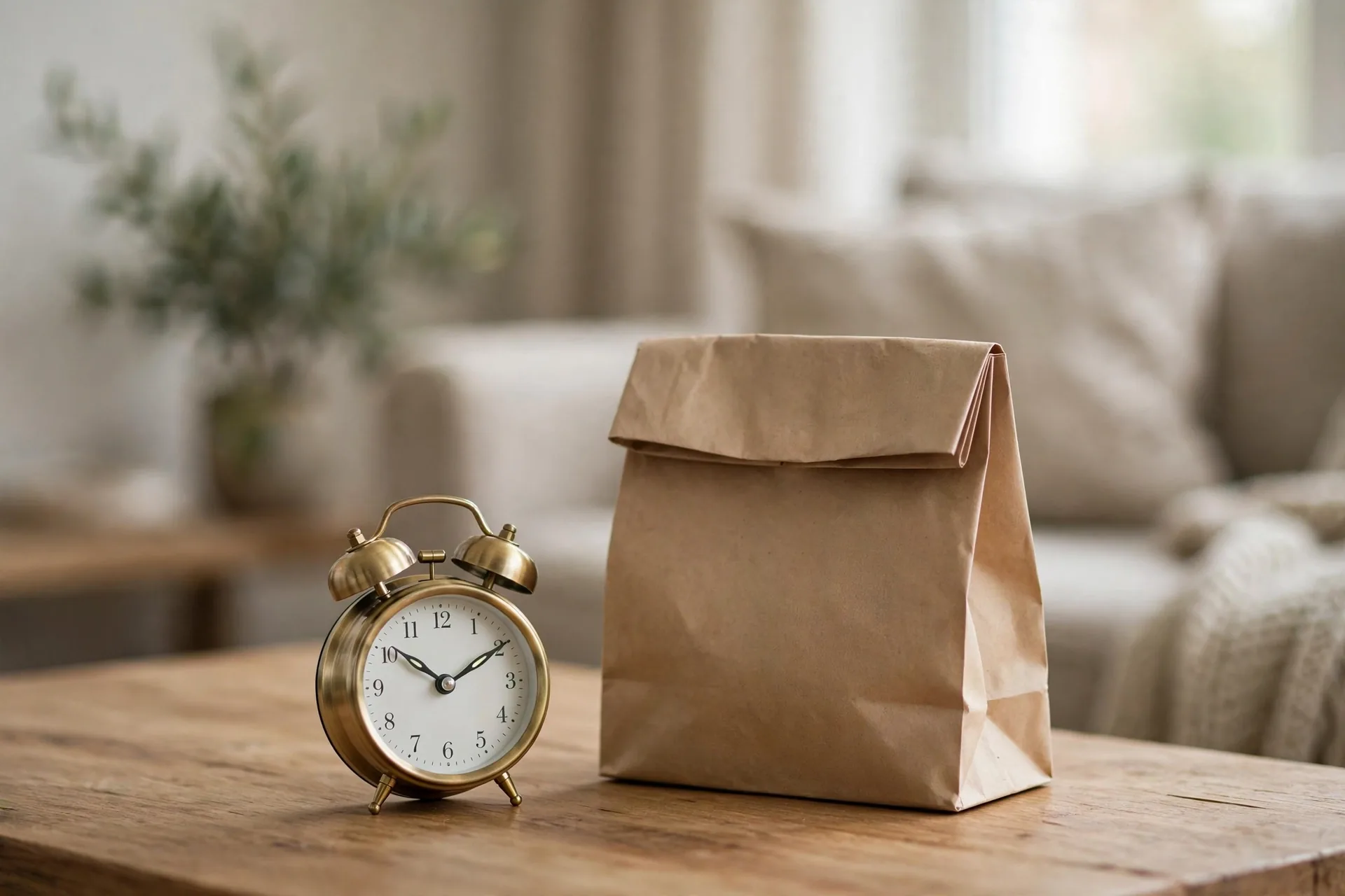 Alarm clock next to a shopping bag representing the 24-hour rule to stop impulse buying