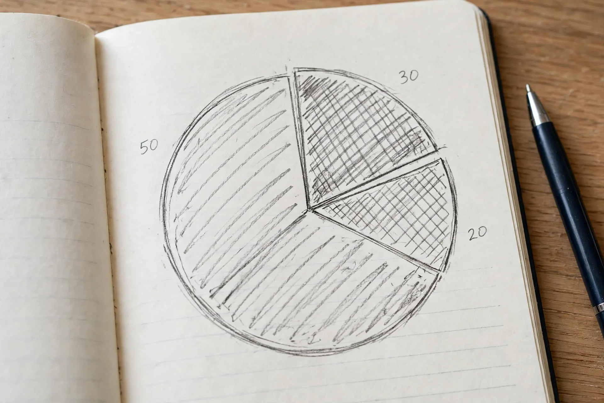 Notebook showing a 50/30/20 budget rule pie chart with needs, wants, and savings categories