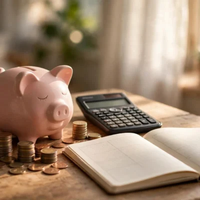 Piggy bank and coins next to a budget planner representing the 50/30/20 budget rule