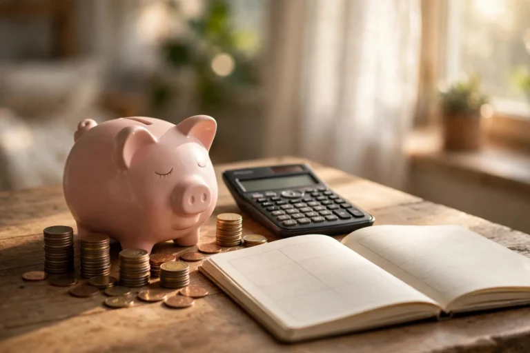 Piggy bank and coins next to a budget planner representing the 50/30/20 budget rule