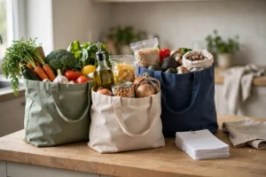 Grocery bags and household bills representing the 50 percent needs portion of a budget