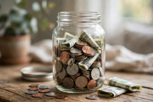 Glass savings jar filled with coins, representing the 20 percent savings and emergency fund goal