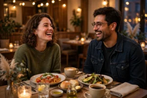 Friends enjoying dinner out, an example of wants spending in the 50/30/20 budget