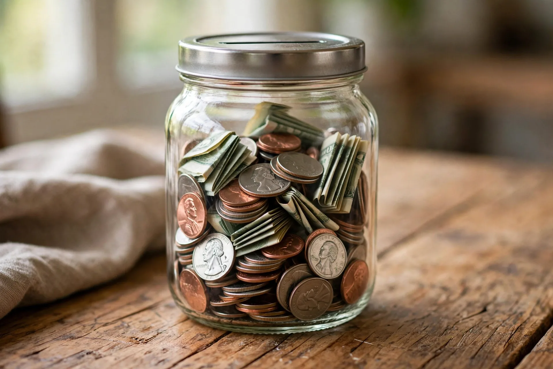 Glass savings jar with coins showing the 20% savings slice of the 70/20/10 budget rule