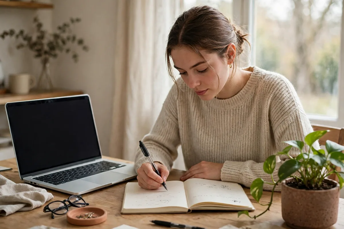 Person writing affiliate marketing niche topic ideas in a notebook at a desk with a laptop