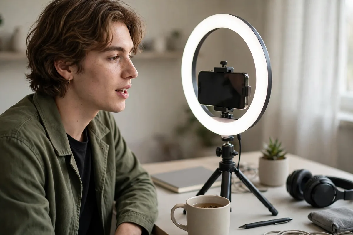 Person filming a short affiliate marketing product review video with a phone on a tripod at a tidy desk