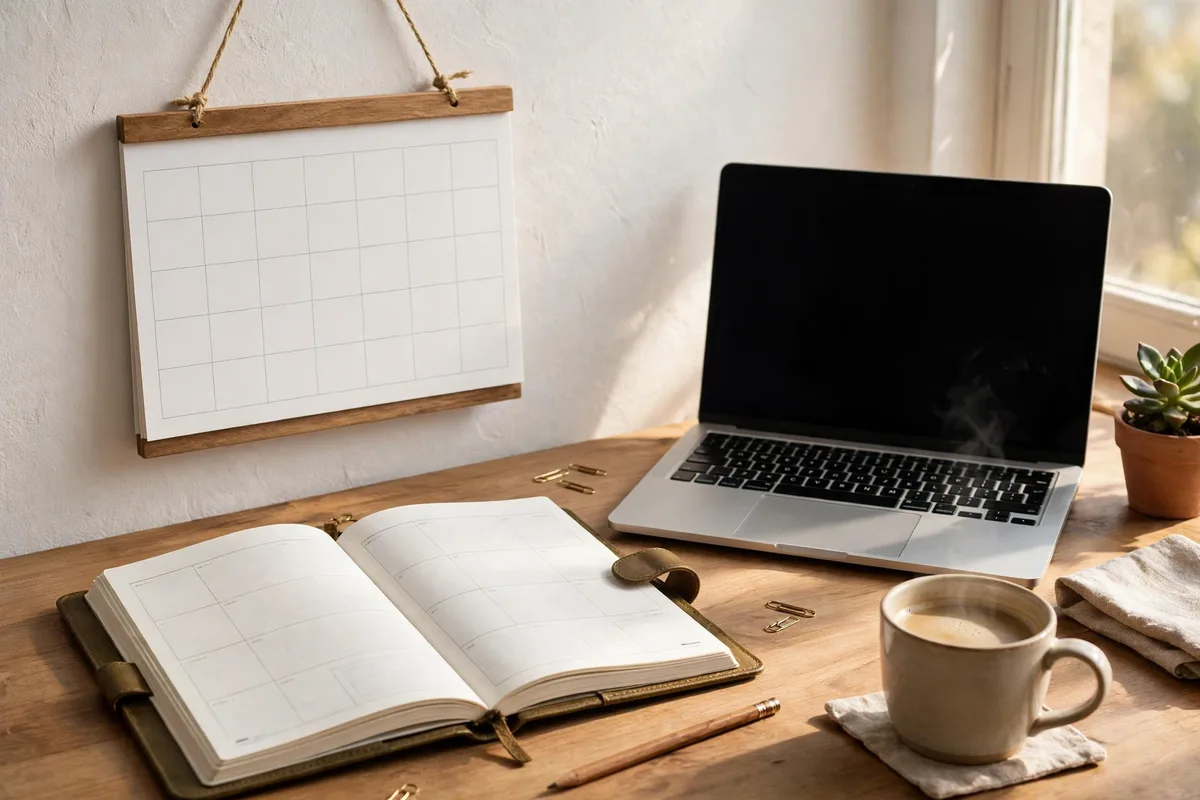Wall calendar and planner on a desk next to a laptop for a first 30-day affiliate marketing plan for beginners