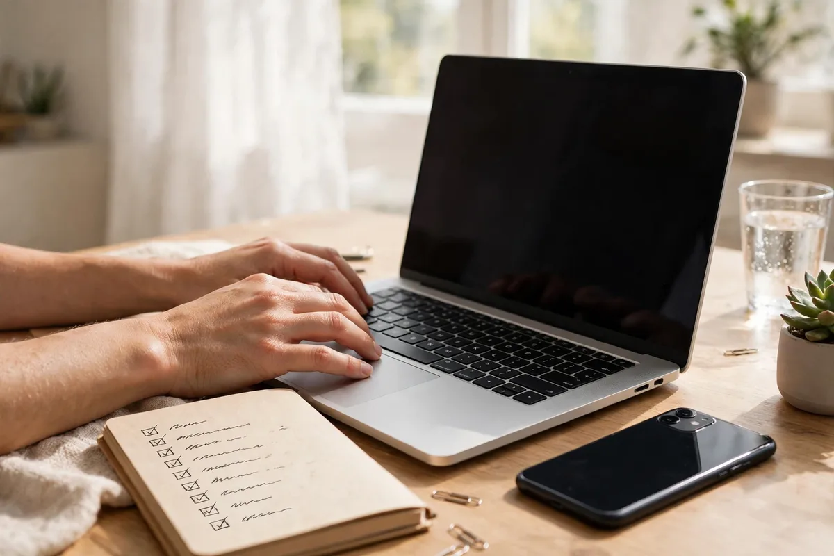 Person working at a home desk with a laptop showing an online store page for affiliate marketing for beginners