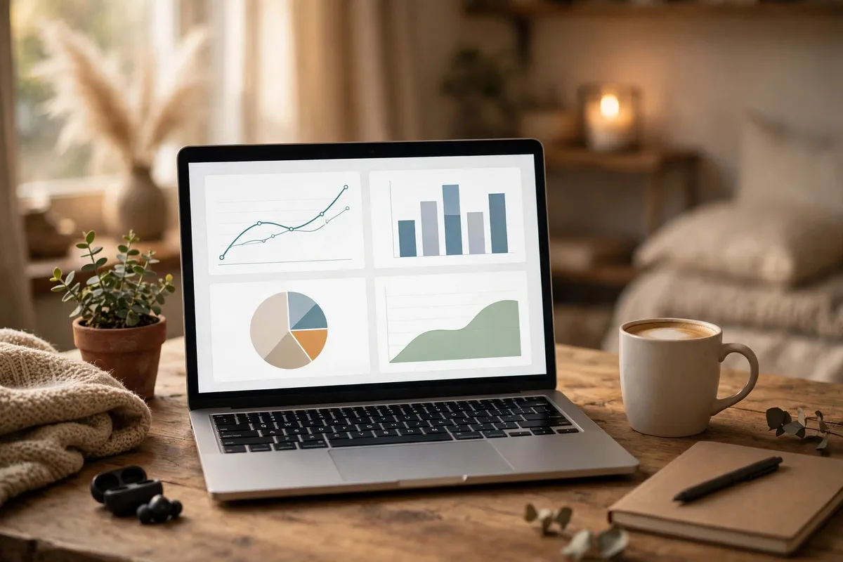Laptop on a desk showing a generic affiliate program dashboard with charts for affiliate marketing for beginners
