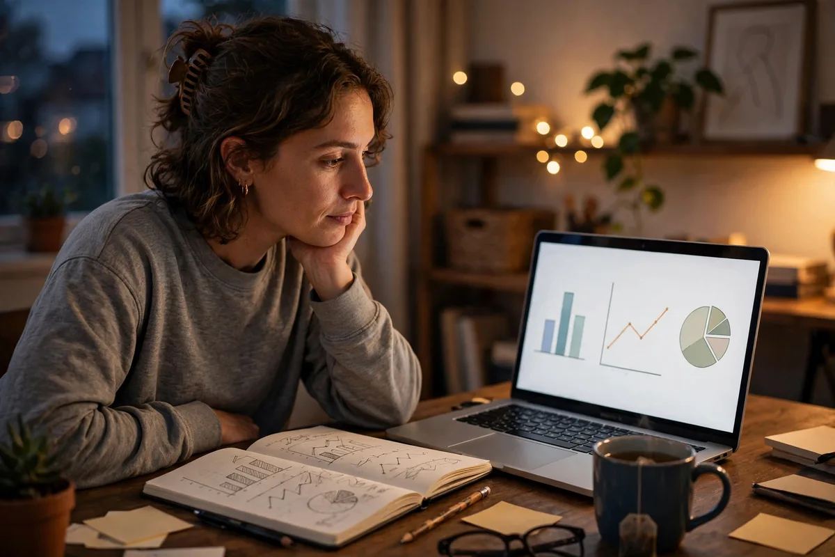 Person reviewing simple charts on a laptop screen for tracking affiliate marketing results for beginners