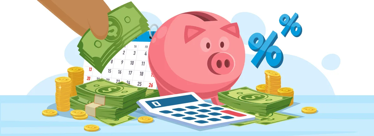 Calculator and savings growth showing how compound interest raises annual percentage yield earnings