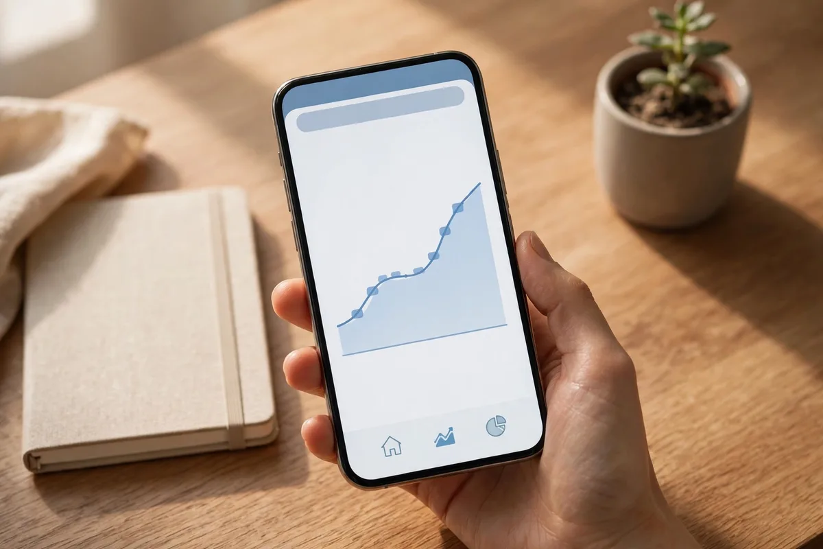 Hand holding a smartphone with a banking app to automate savings transfers toward a $10,000 goal