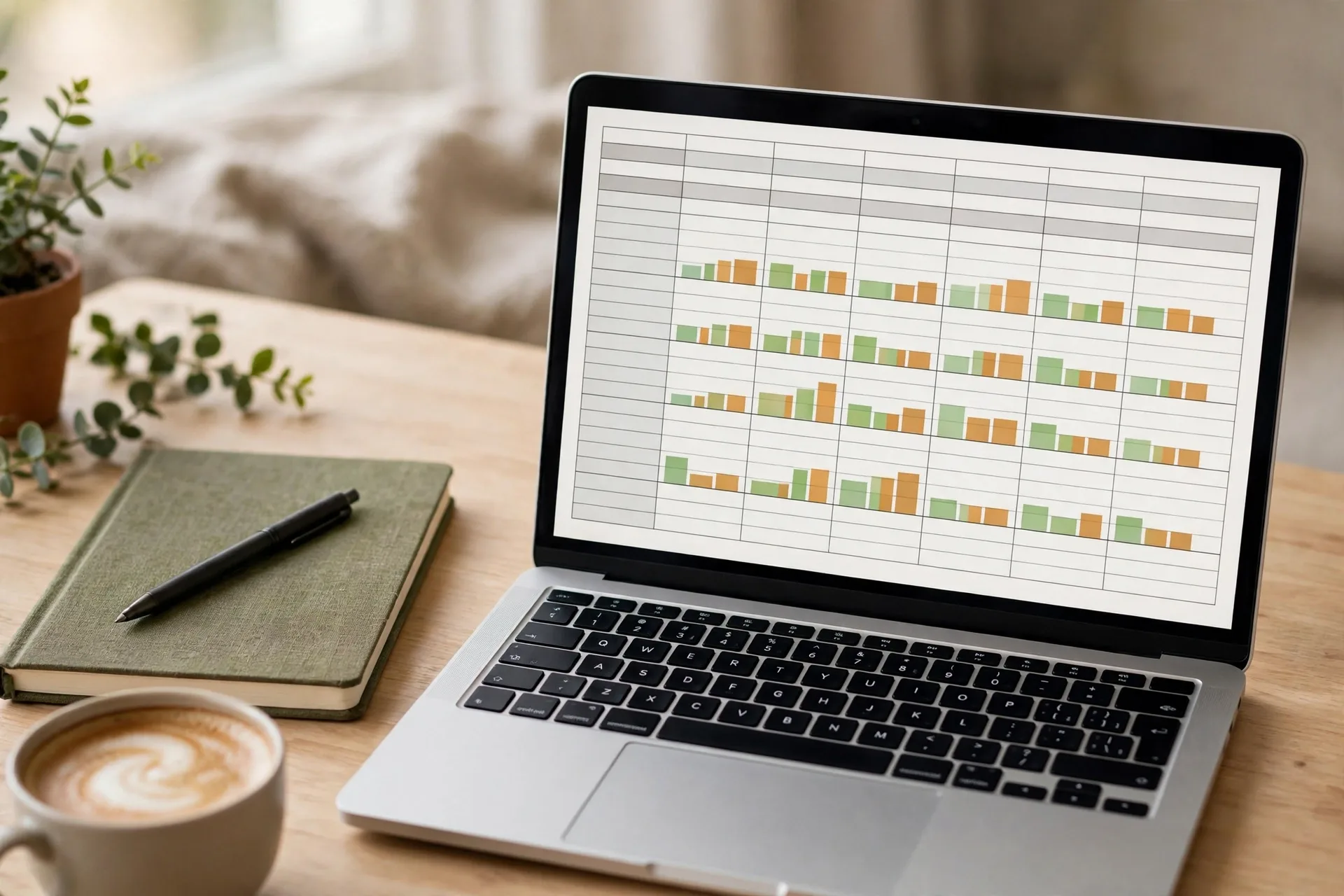 Laptop showing a simple monthly budget spreadsheet next to a notebook for planning debt payments on a low income