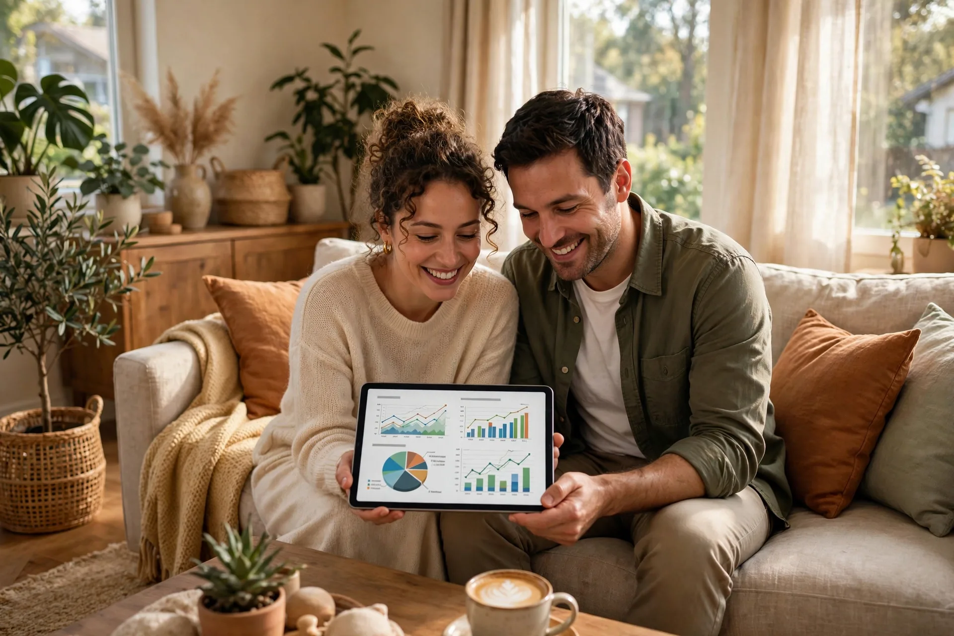 Couple reviewing their shared budget on a tablet, one of the best budgeting apps for couples in 2026