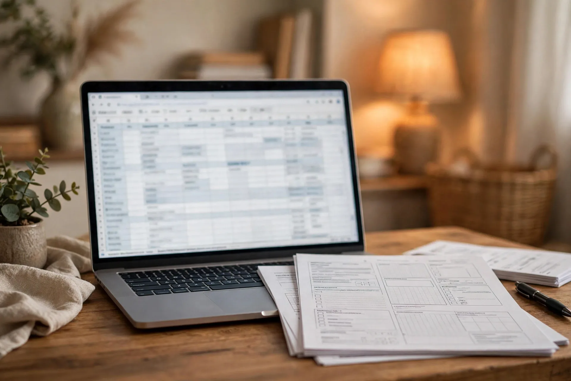 Laptop displaying a free budget spreadsheet template for 2026 next to printed budget planner pages