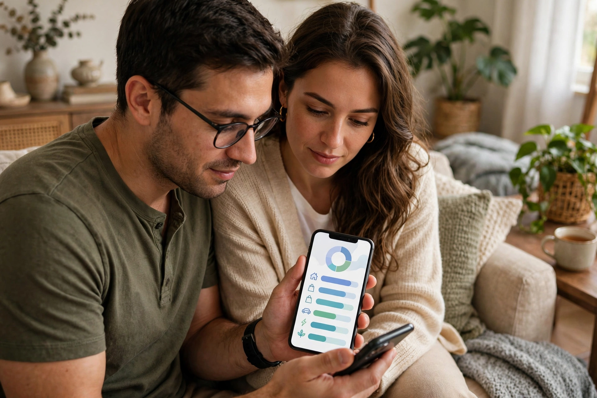 Couple reviewing their budgeting app on a phone to pick the best budgeting method for beginners