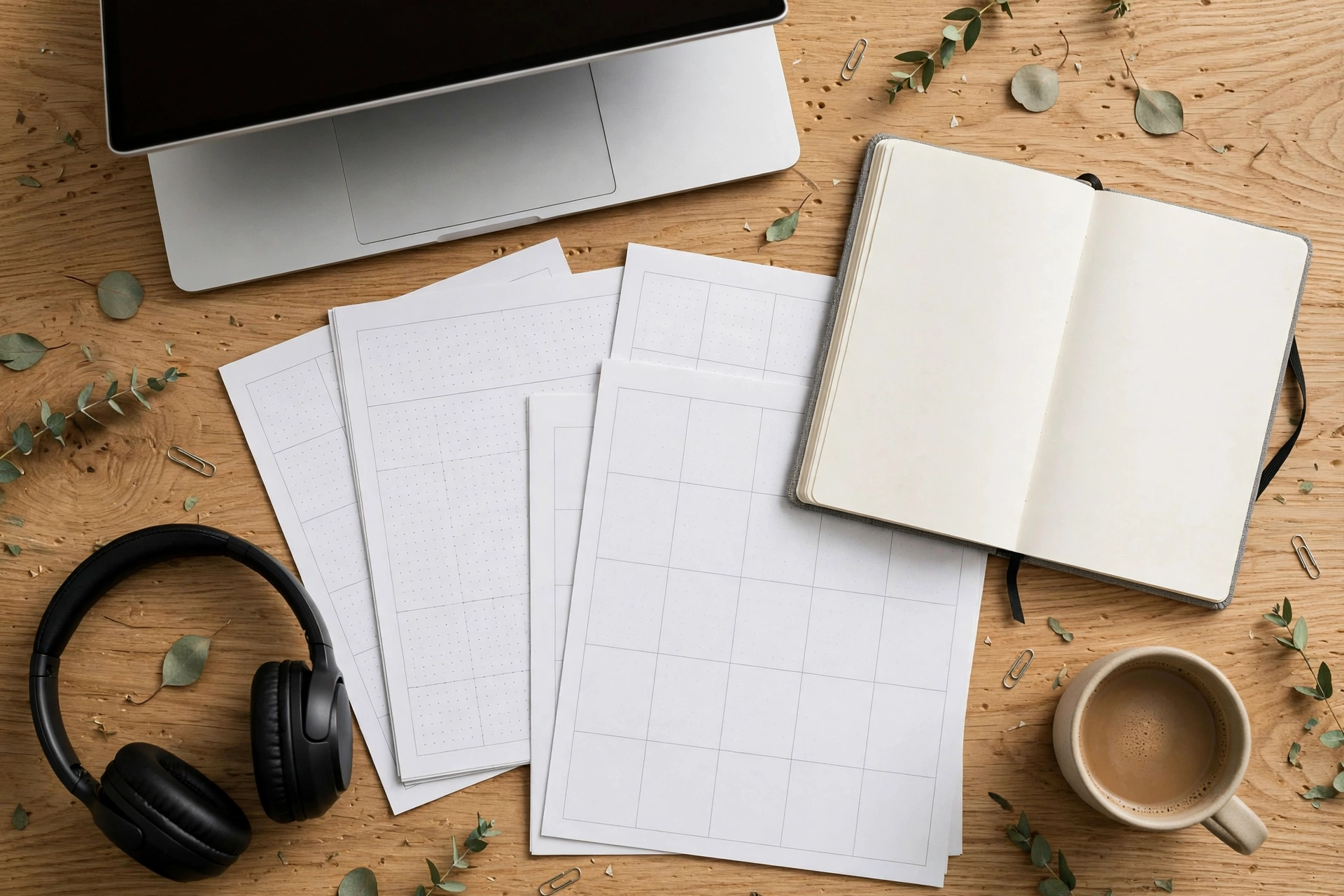 Best digital products for beginners, shown as planner pages, templates, and a laptop on a creator desk