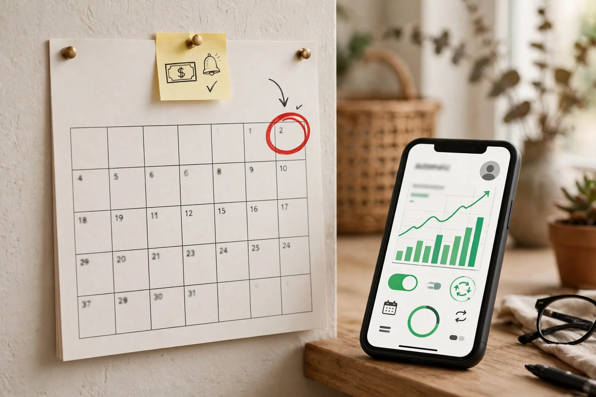 Calendar with a monthly payday reminder next to a phone showing automatic investing with investment apps for beginners
