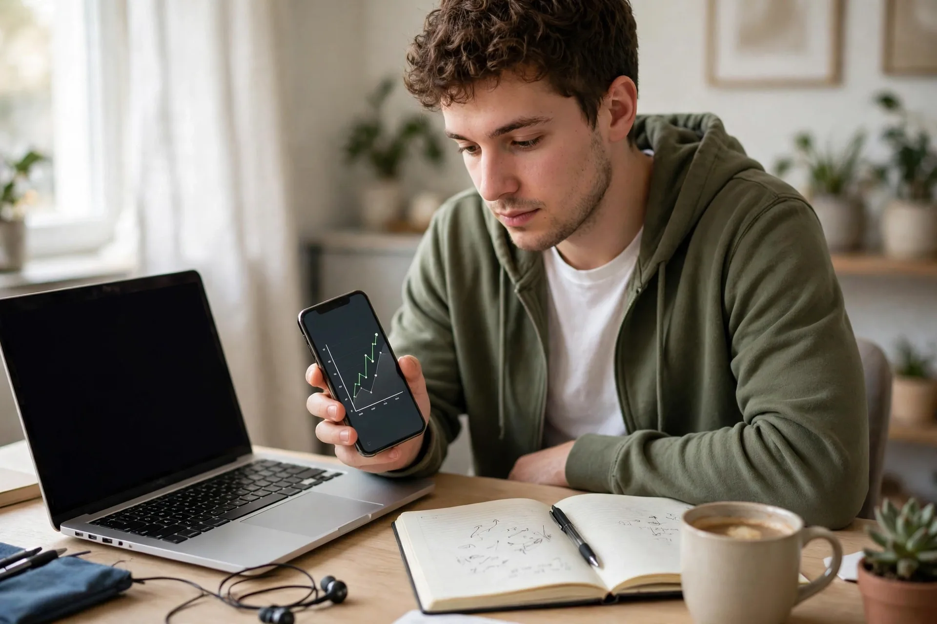 Beginner comparing investment apps for beginners on a phone with a checklist