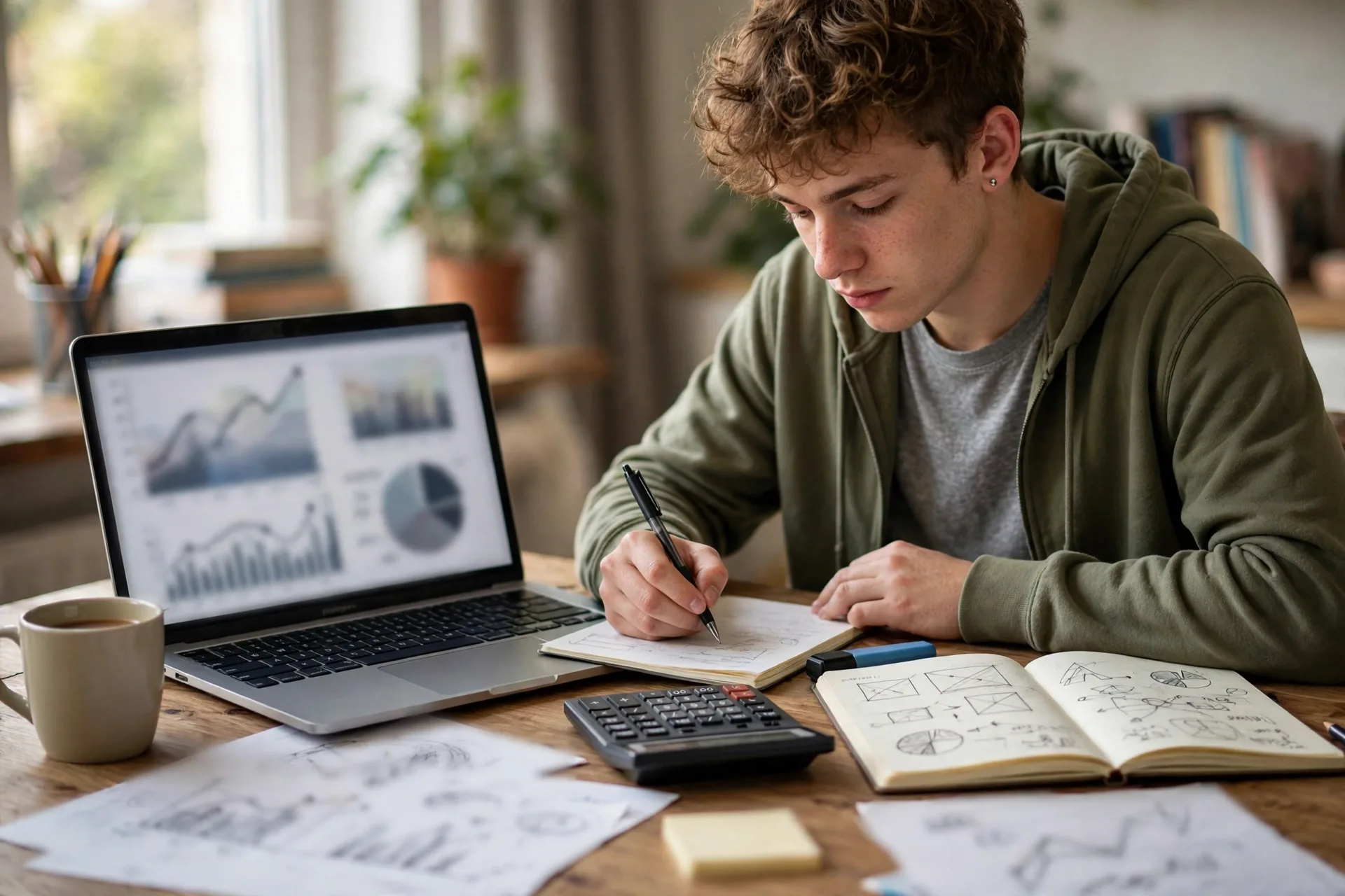 Beginner reviewing investment app fees for beginners on a laptop with a calculator