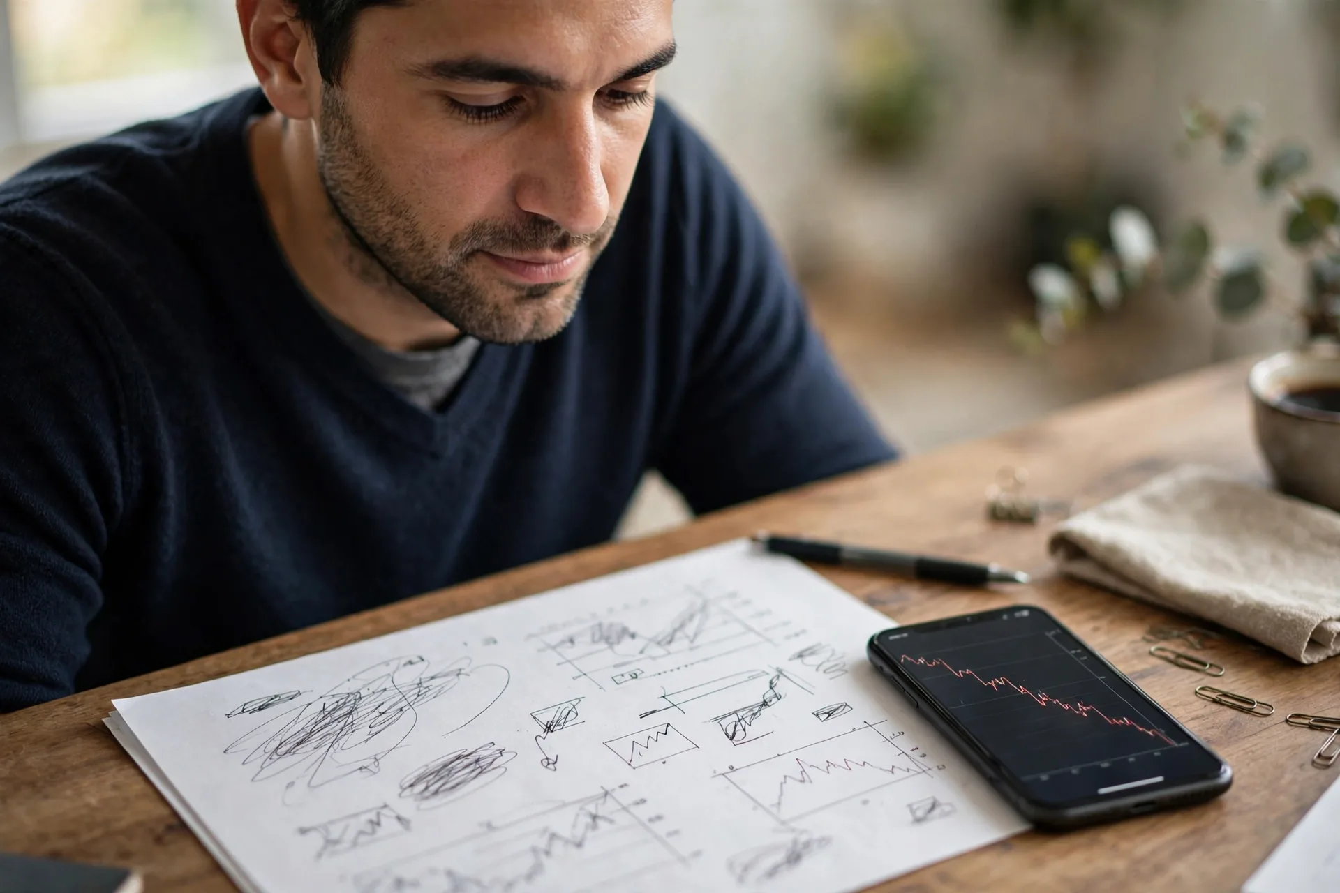 Beginner reviewing a written investment plan beside a phone showing a falling chart after using investment apps for beginners