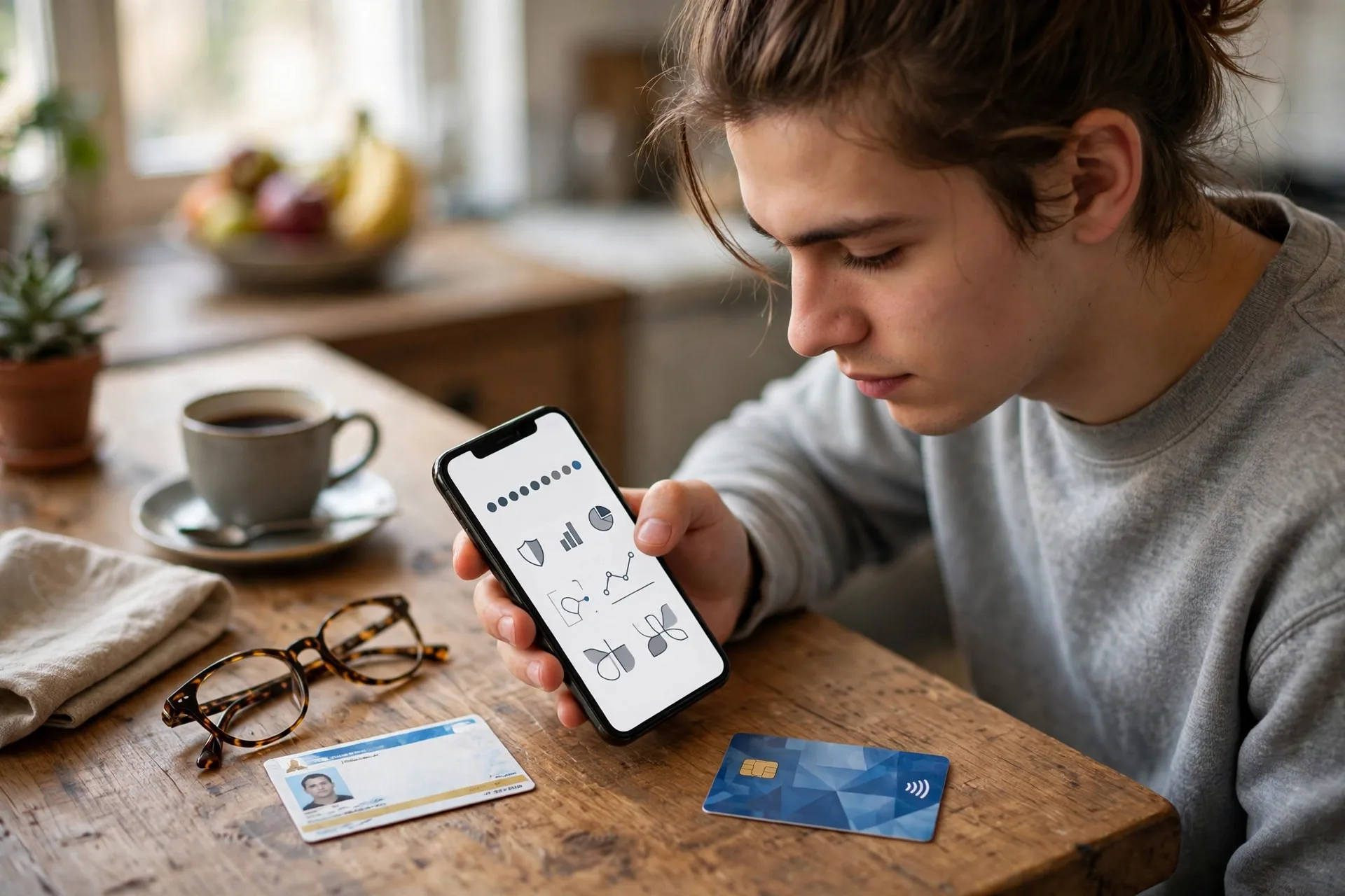 Beginner opening an investment app account for beginners on a phone with an ID card nearby