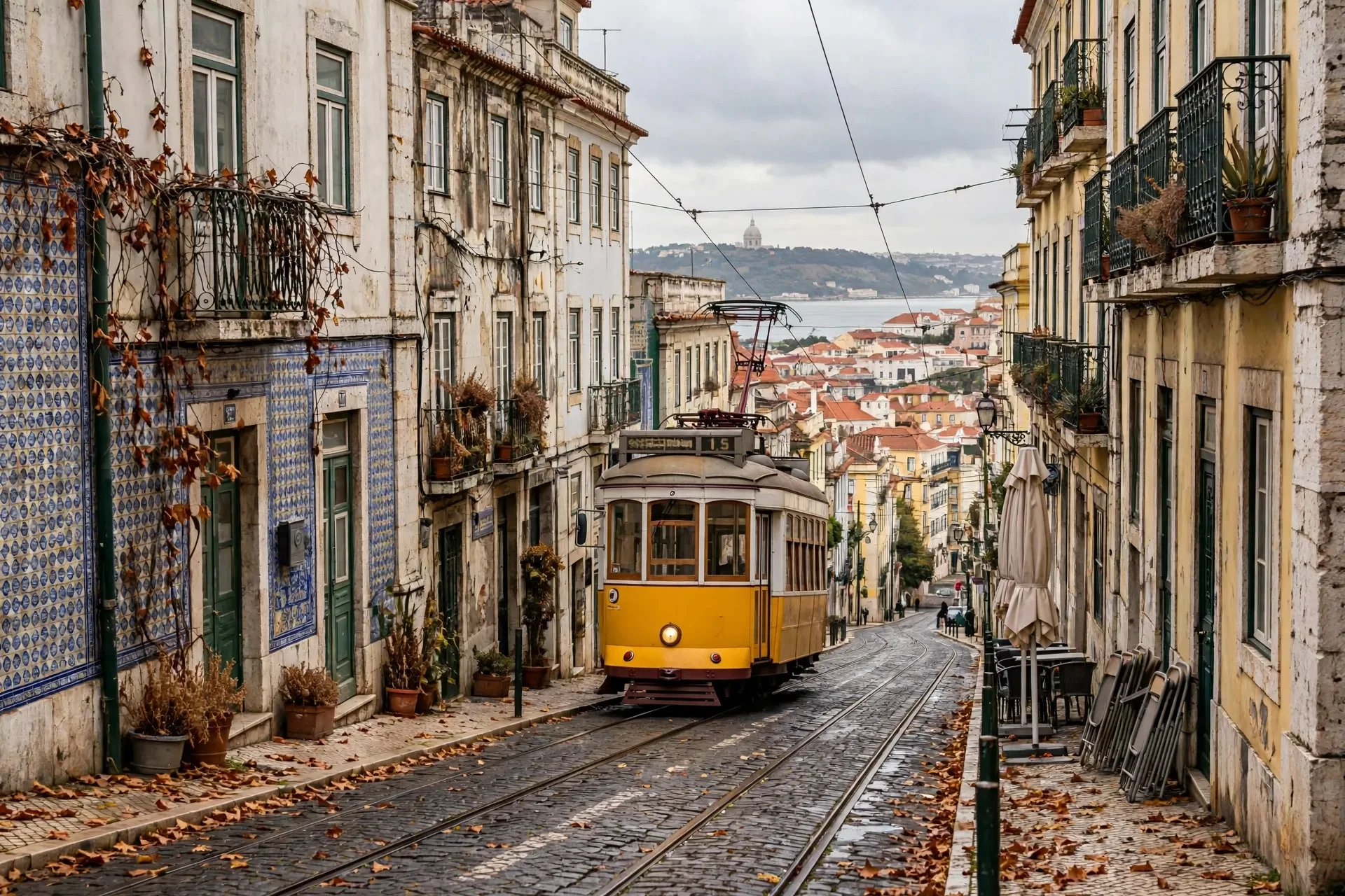 Yellow tram on a Lisbon old town street in November, a budget November destination