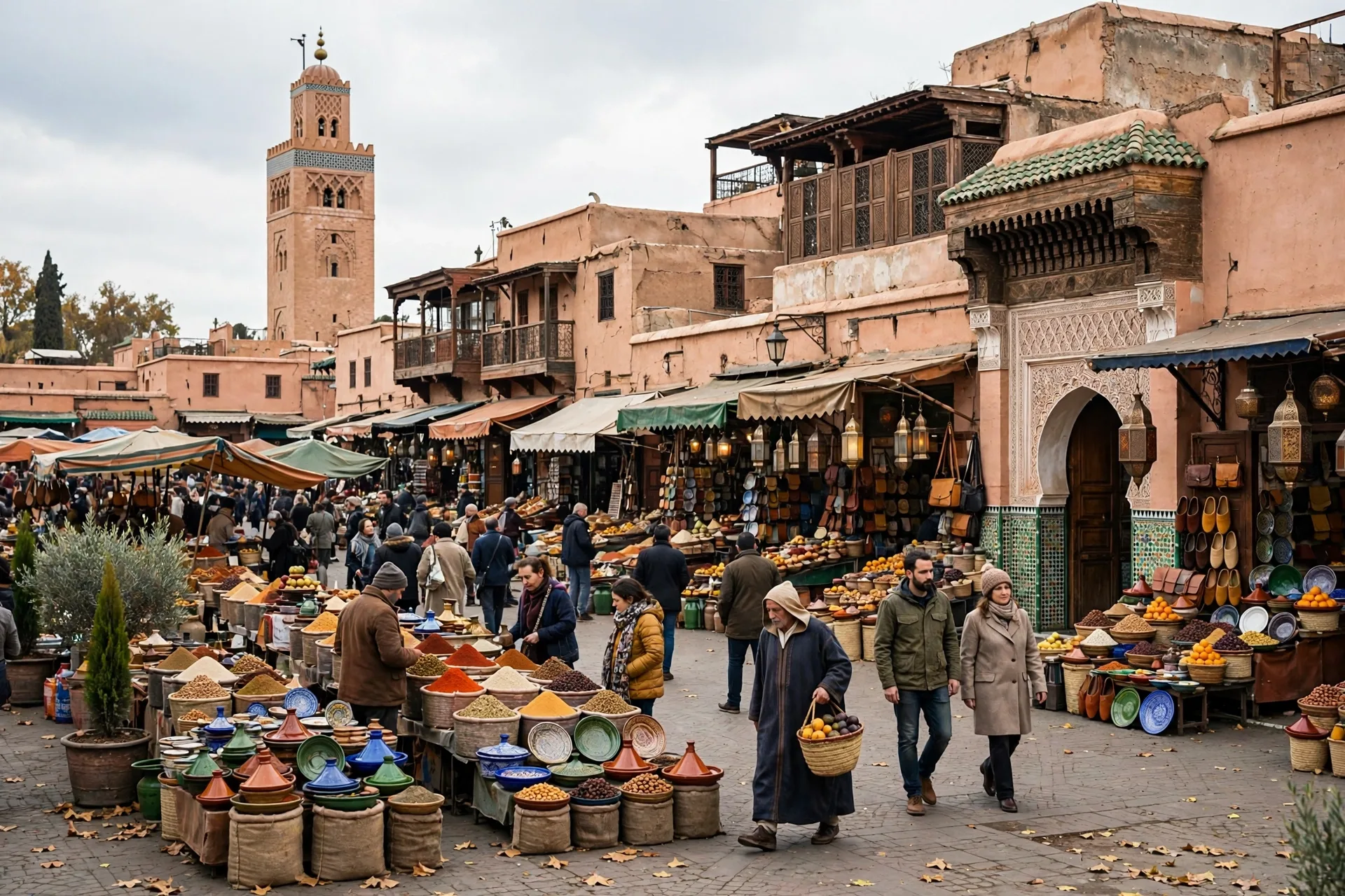 Market stalls in Marrakech in November, a budget November travel destination