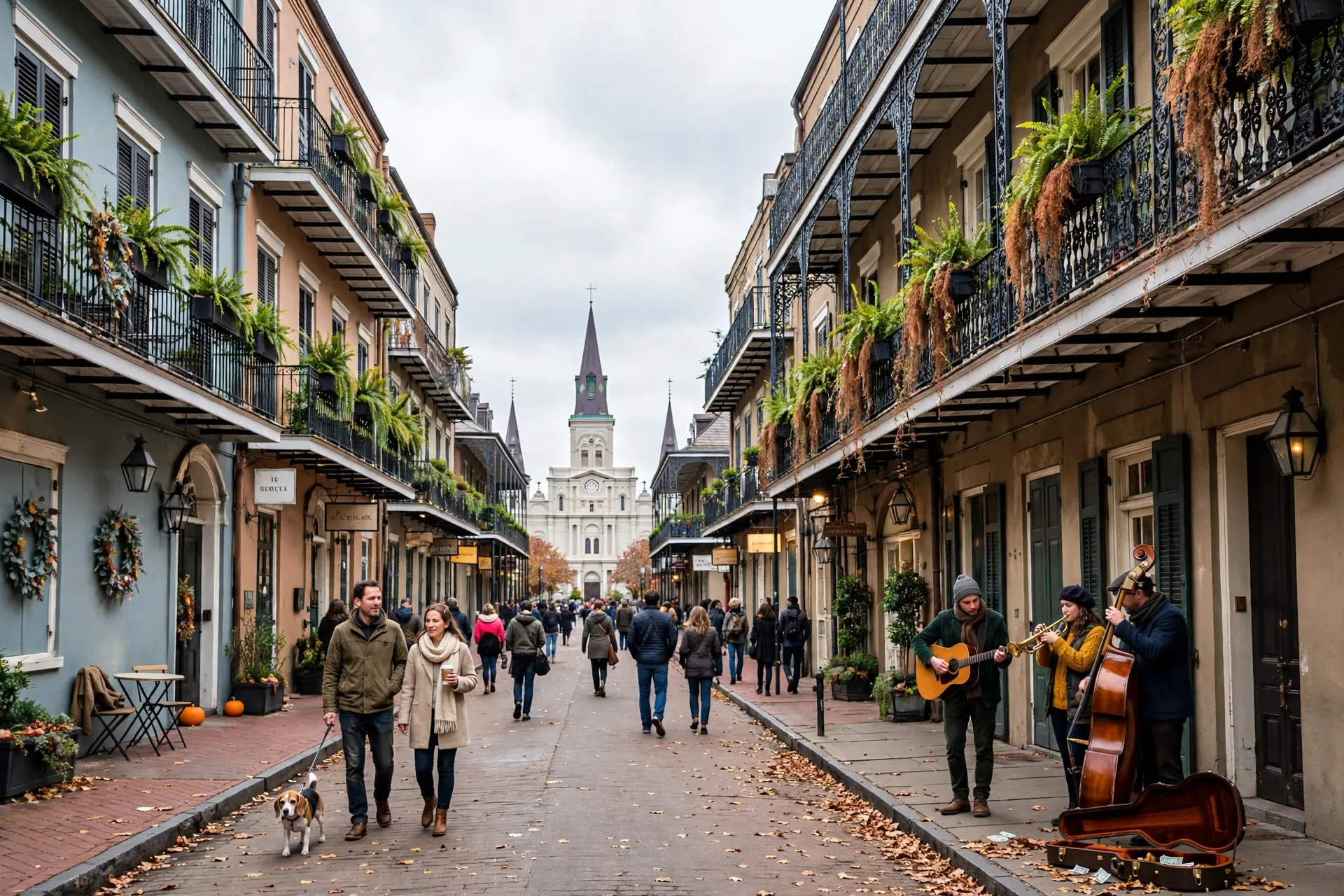 New Orleans French Quarter street with musicians in November, a US budget trip