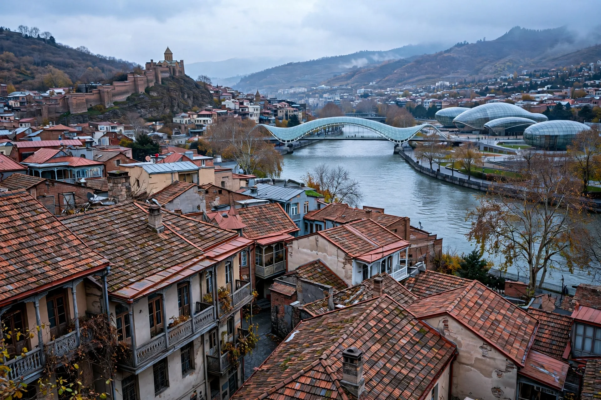Tbilisi old town rooftops and river in November, a low-cost November destination