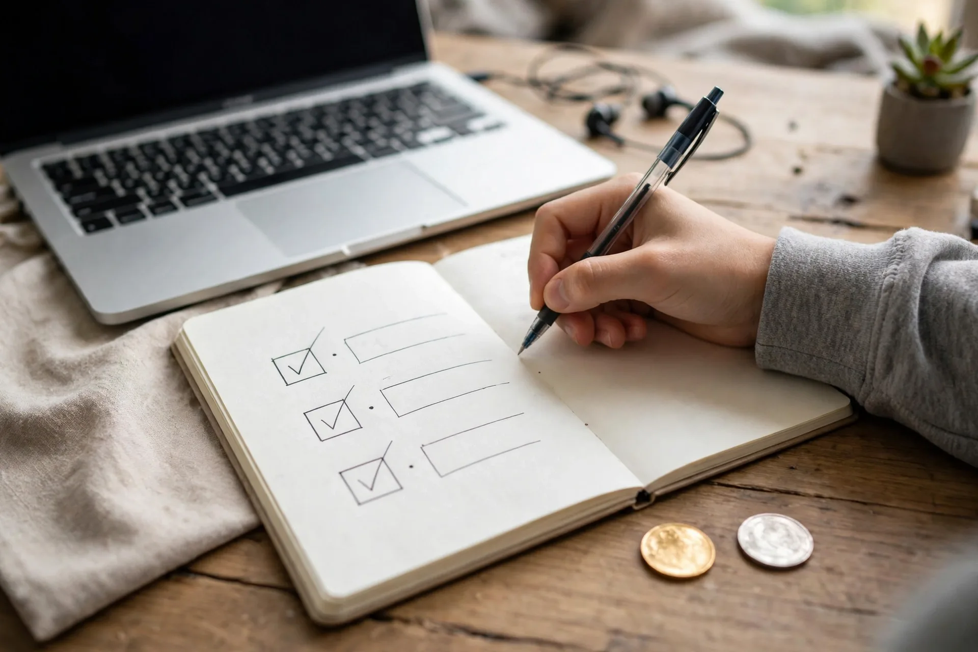 Beginner writing a checklist in a notebook for bitcoin vs ethereum learning order