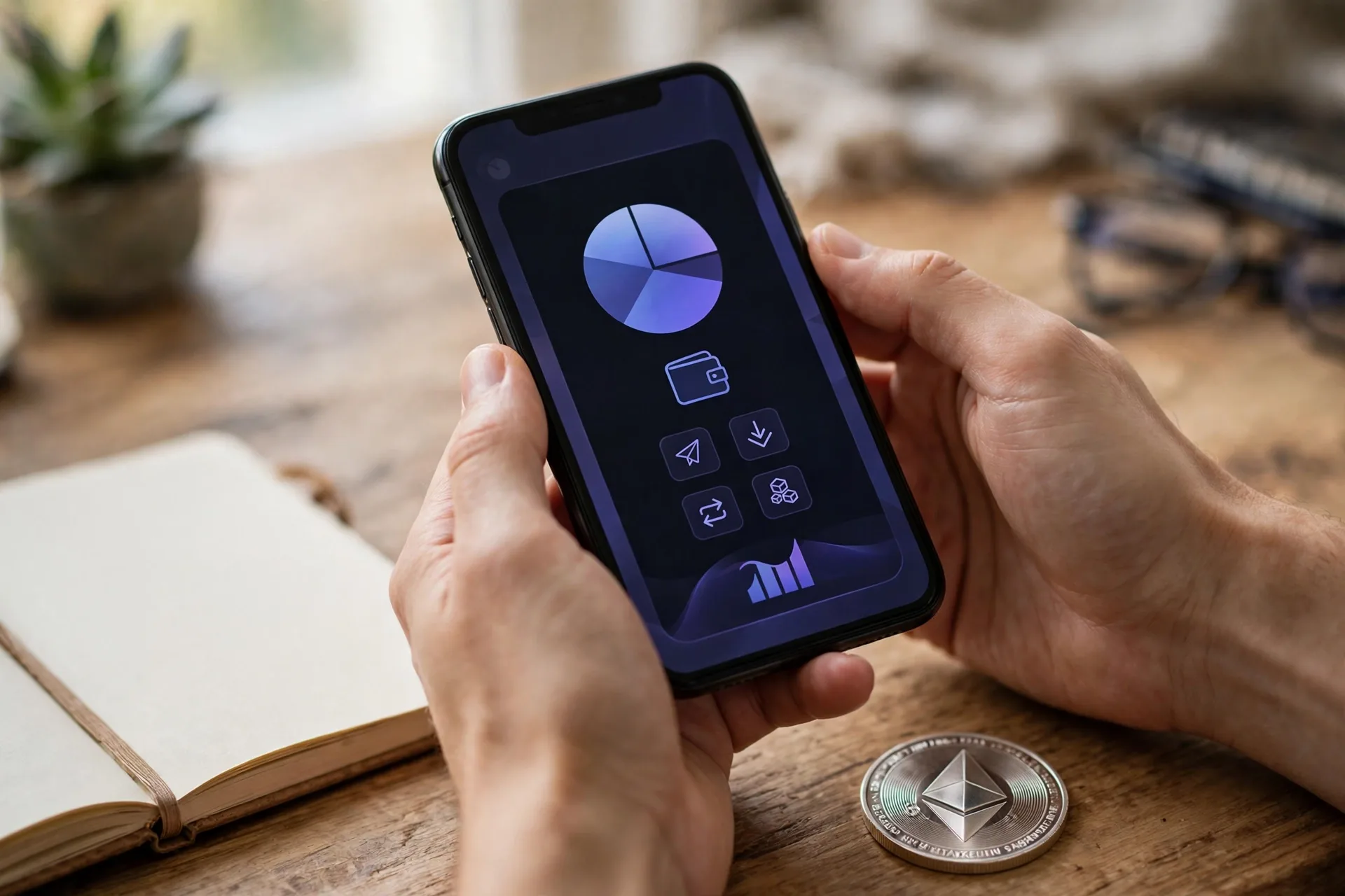 Hands holding a smartphone wallet app and an Ethereum coin for bitcoin vs ethereum fees