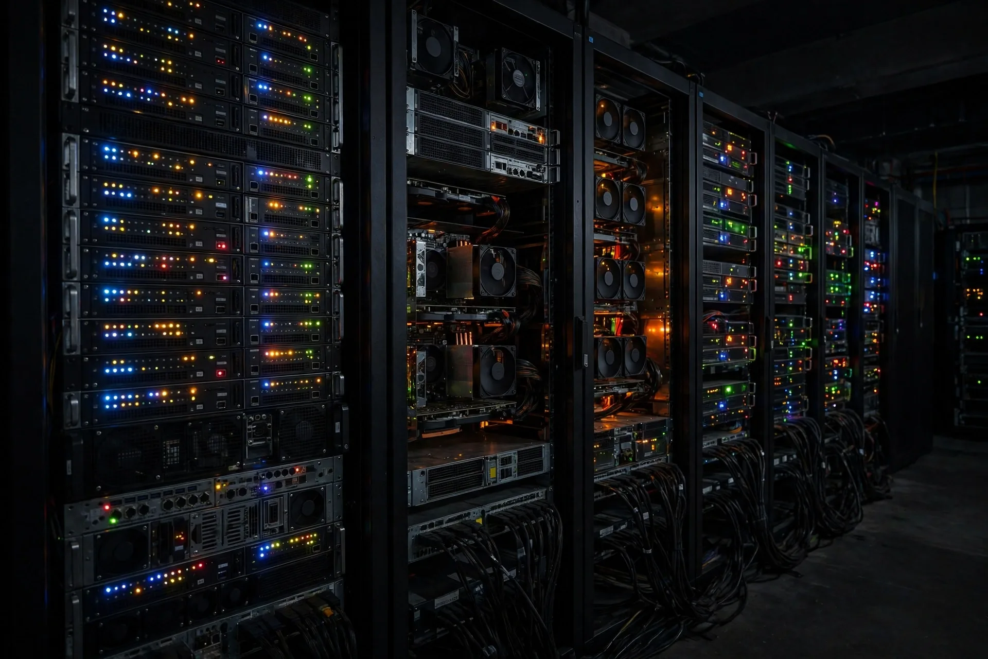 Row of mining computers with blinking lights for bitcoin vs ethereum mining and staking