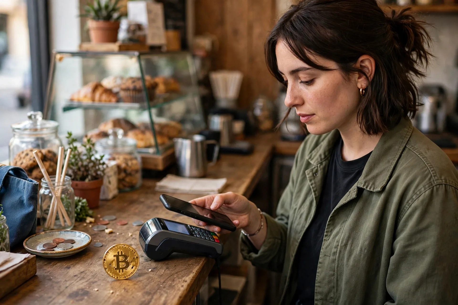 Person paying with a phone at a shop counter for bitcoin vs ethereum payments