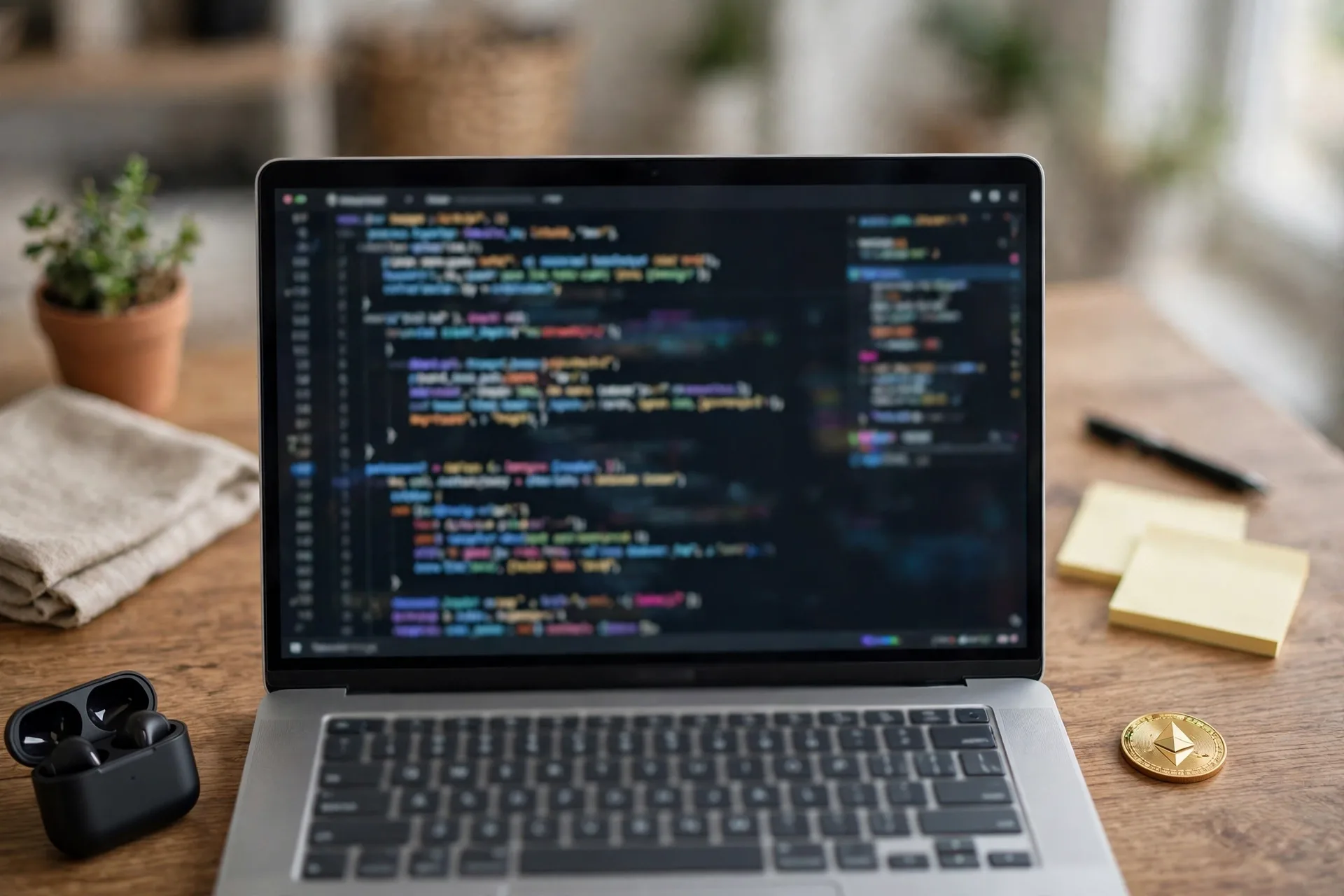 Developer laptop with code and an Ethereum coin for bitcoin vs ethereum smart contracts