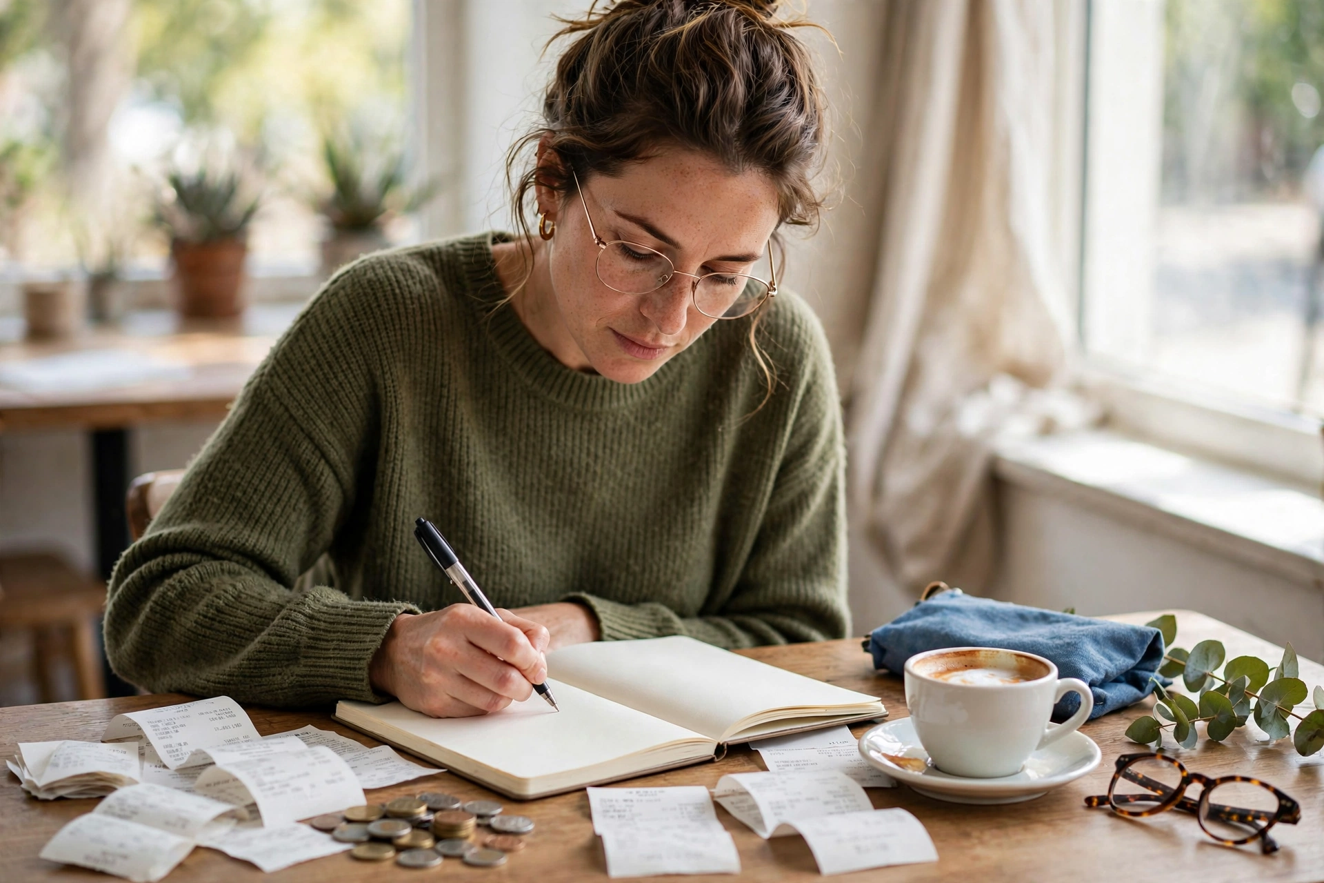 Woman tracking daily expenses in a notebook to avoid common budgeting mistakes