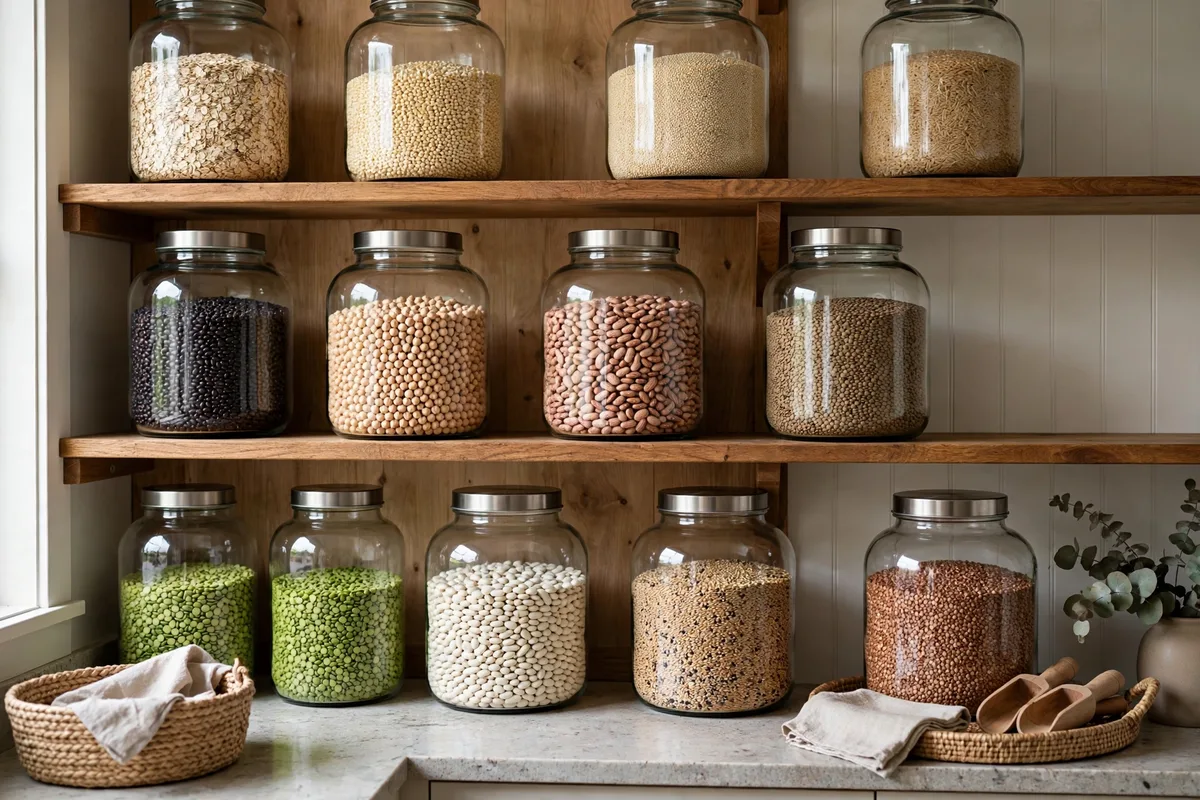 Bulk pantry jars filled with staples, one of the best grocery budget tips