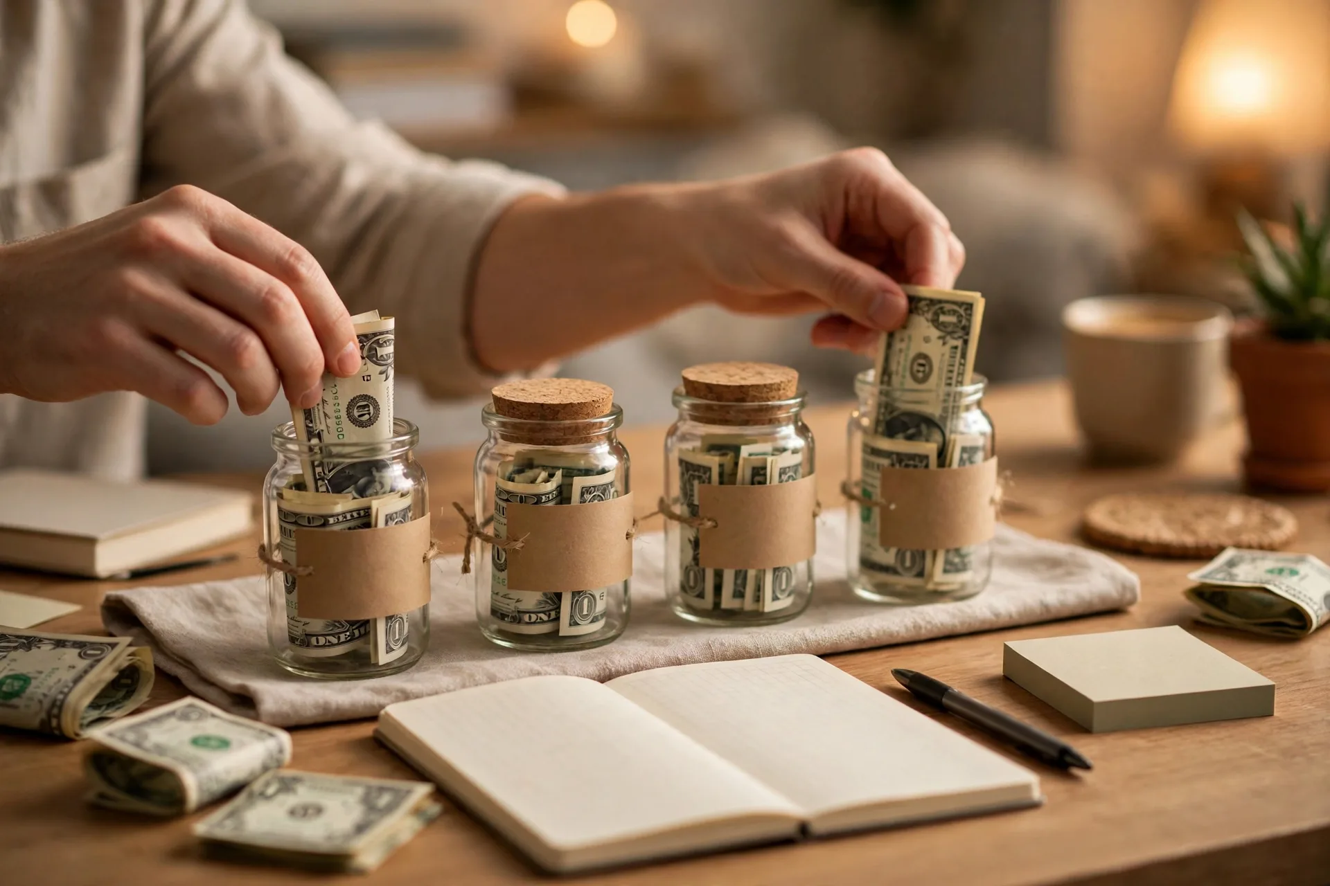 Hands sorting cash into jars for a business ideas you can start with $1,000 budget split