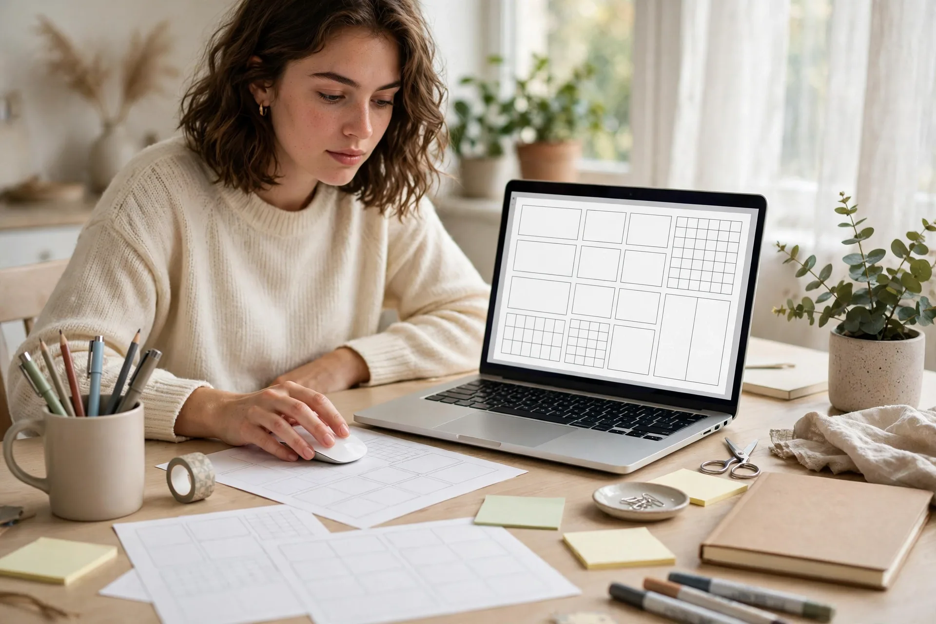 Woman designing a printable planner on a laptop for business ideas you can start with $1,000 digital products