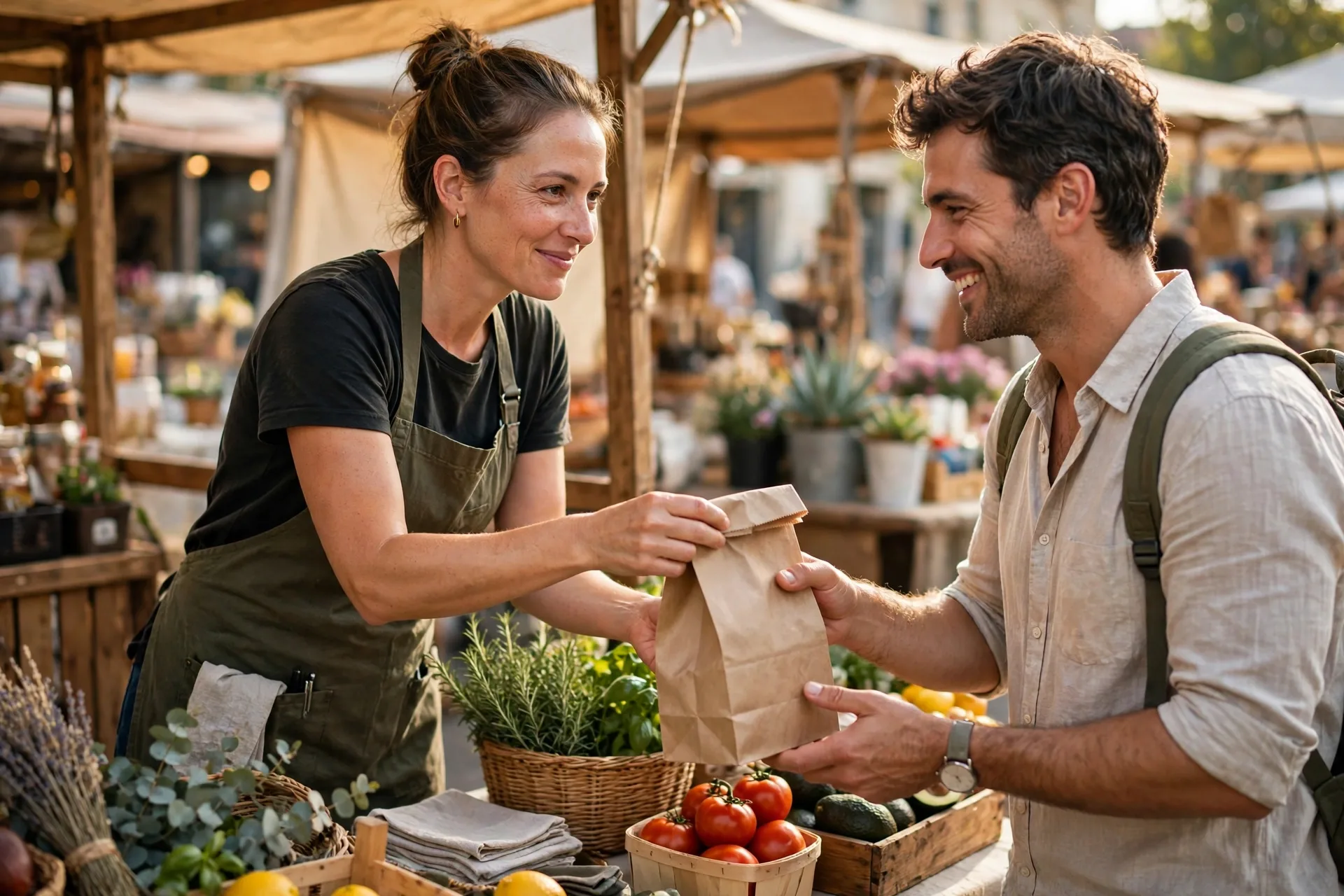 Small business owner handing an order to a customer at a market stall for business ideas you can start with $1,000 first customers